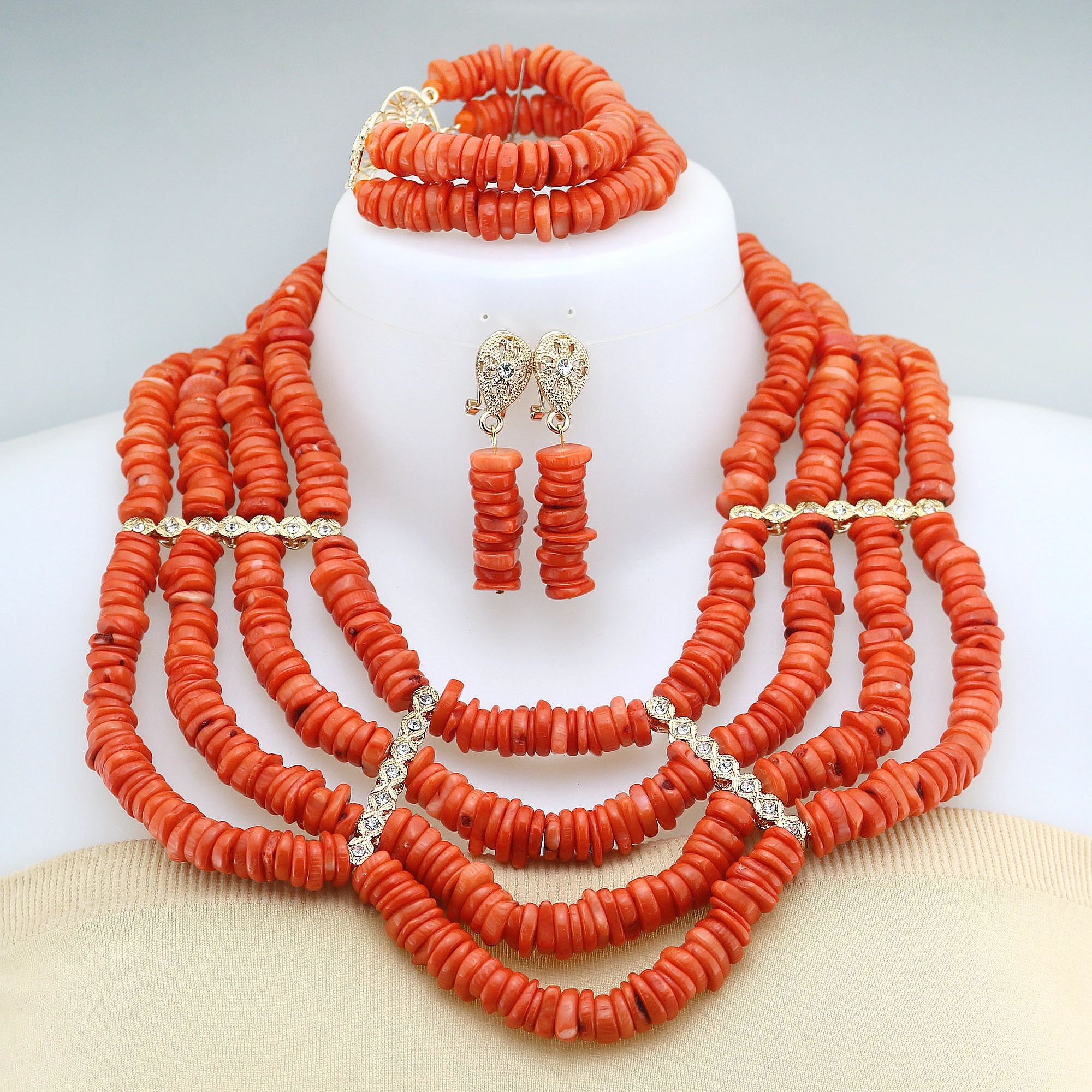 2025 New Design African Wedding Jewelry Set High Quality Artificial Coral Bead Women Bib Necklace Nigeria Bride Party Gift