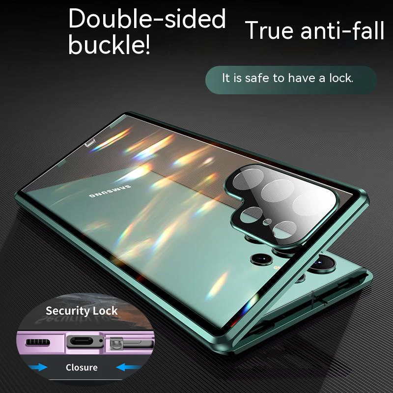 Double-sided Glass Snap Lock Metal Magnetic Case For Samsung Galaxy S25 S24 Ultra S22 S21 Plus S23 FE Lens Protect Cover Cases