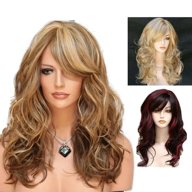 3 Kleur Womens Lang Krullend Haar Pruiken Schuine Pony Party Cosplay Mode Volledige Pruik