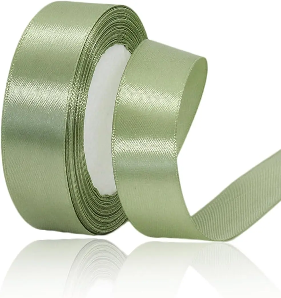 Sage Green Ribbon, 1 Inch x 25 Yards Satin Fabric Ribbon for Christmas Decorations, Flower Bouquets, Gift Wrapping, Hair Bows