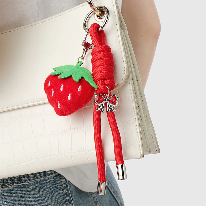 한국 시뮬레이션 플러시 딸기 키체인, 작고 신선한 달콤한 빨간 리본 키링 펜던트, 가방 장식, 자동차 키 홀더, 소녀 선물용