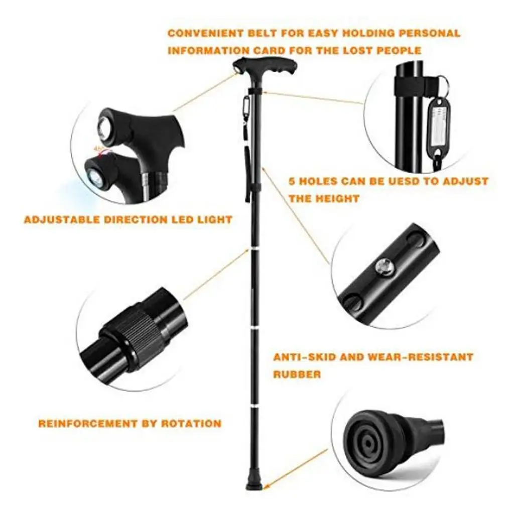Folding Walking Cane with LED Light Lightweight Collapsible Nonslip Handle Adjustable Stick for Seniors Walking Aid Travel