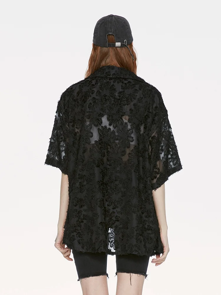 Guukahero Women's Loose Fit Short Sleeve Cuban Collar Shirt Semi-Transparent Lace Detail Black Short Sleeve Blouse Autumn Wear