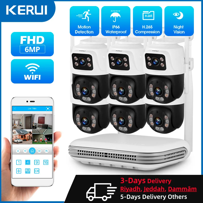 Kerui à prova d'água 6mp hd sem fio lente dupla ptz wifi ip sistema de câmera de vigilância de segurança doméstica 8ch nvr vídeo h.265 kit cctv