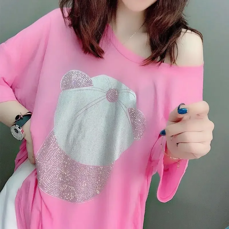 Top Female Rhinestone Baggy Sequin Women's T-shirt Graphic Pink Glitter Stylish Clothes Pulovers Woman Clothing Youthful