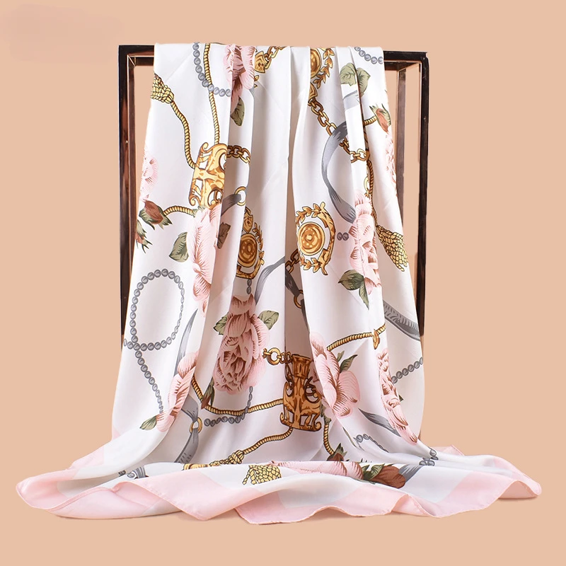 Heitou New 90CM Real Silk Chain Flower Printed Scarf Versatile Decoration Twill Silk Square Scarf Wrapped Shawl Hijab Pashmina