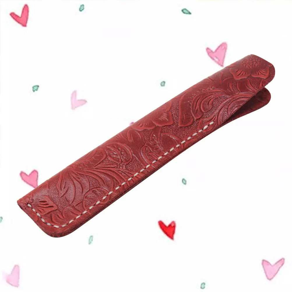 Pen Case Red Carving Handmade Cowhide Holder For Gift Office School Stationery Pouch Protective Sleeve Desk Organizer
