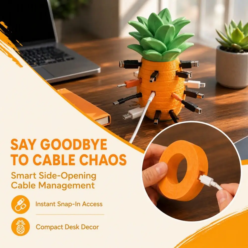 3D Printed Pineapple Cable Holder Pineapple Shape Modular Design Cable Organizer Decorative Case Creative Desk Cord Holder Desk