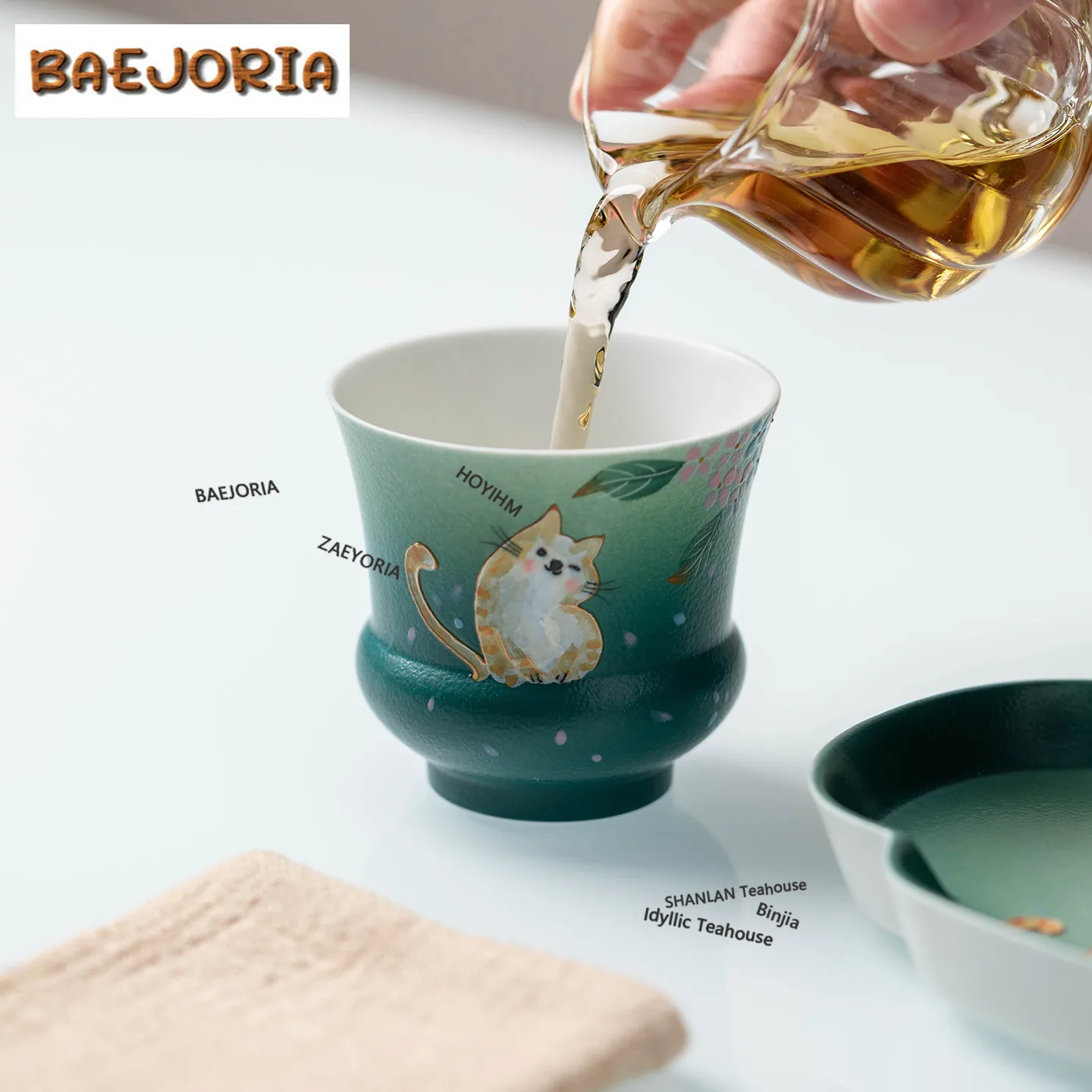 BAEJORIA 130ml Hand-painted Cat Hydrangea Teacup Zen Tea Bowl Mug Tea-tasting Meditation Cup Jianzhan Master Cups Craft
