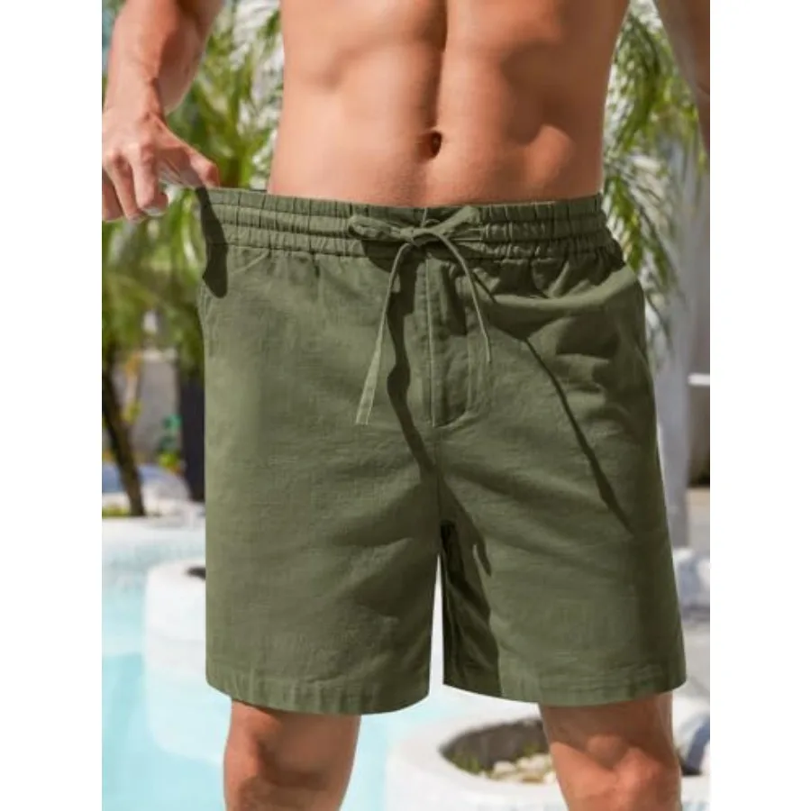 Mens Cotton Linen Shorts Casual Drawstring 7inch Inseam Shorts Stretch Summer Beach Wear