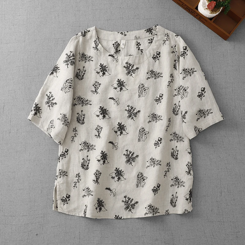 

Элитная омолаживающая футболка из хлопка и льна с цветочным принтом, рукавом до локтя и круглым вырезом, в художественном ретро-стиле, для лета 2025 года, новинка