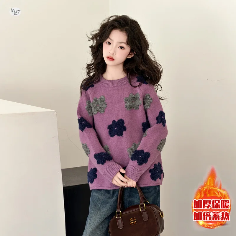 Suéter jacquard floral bloco colorido para meninas, pulôver de malha com flores doces, top de camadas primavera outono, menina grande 7 - 14 anos