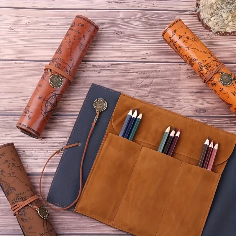 

Durable and Stylish Roll-Up Leather Pencil Case with Vintage Buckle; Large Capacity Treasure Map School and Office Organizer