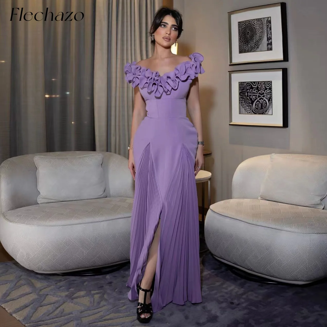 

Flechazo Lavender Evening Dresses Off Shoulder Slit Pleated Tiered Simple Elegant Dress For Women 2024 vestidos de noche