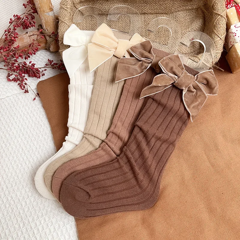 Toddler Girl Knee High Socks Cute Ribbed Knit Stockings with Velvet Bow for Infants Kids