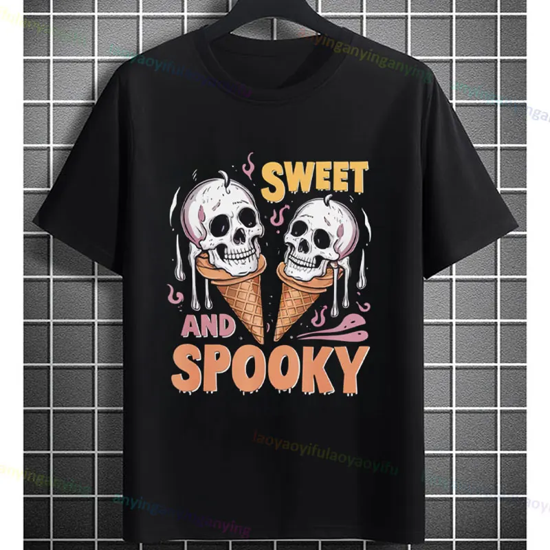

Funny Halloween Ice Cream Graphic T-shirt with "Sweet and Spooky" Slogan Pure Cotton Short Sleeve Round Neck Humor Style Tshirt