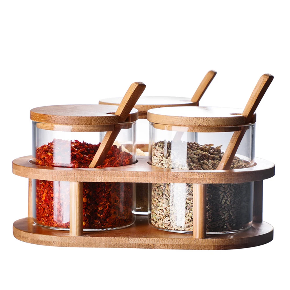 

Glass Seasoning Jars Set Storage Containers Spoon Bamboo Lids Kitchen Gadgets Organize Condiments Spice Jar Holder Fits