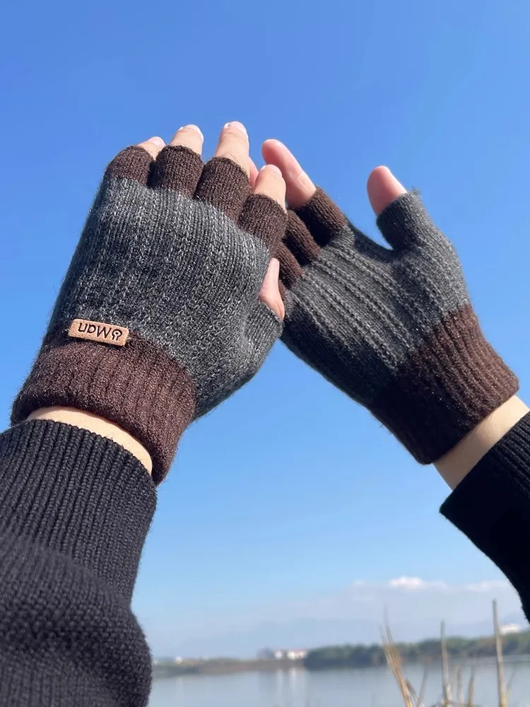 Thickened Knitted Half Finger Gloves Men's Winter Cycling Warm No Finger Student Writing Gloves Couple Unisex Youth Bike Gloves