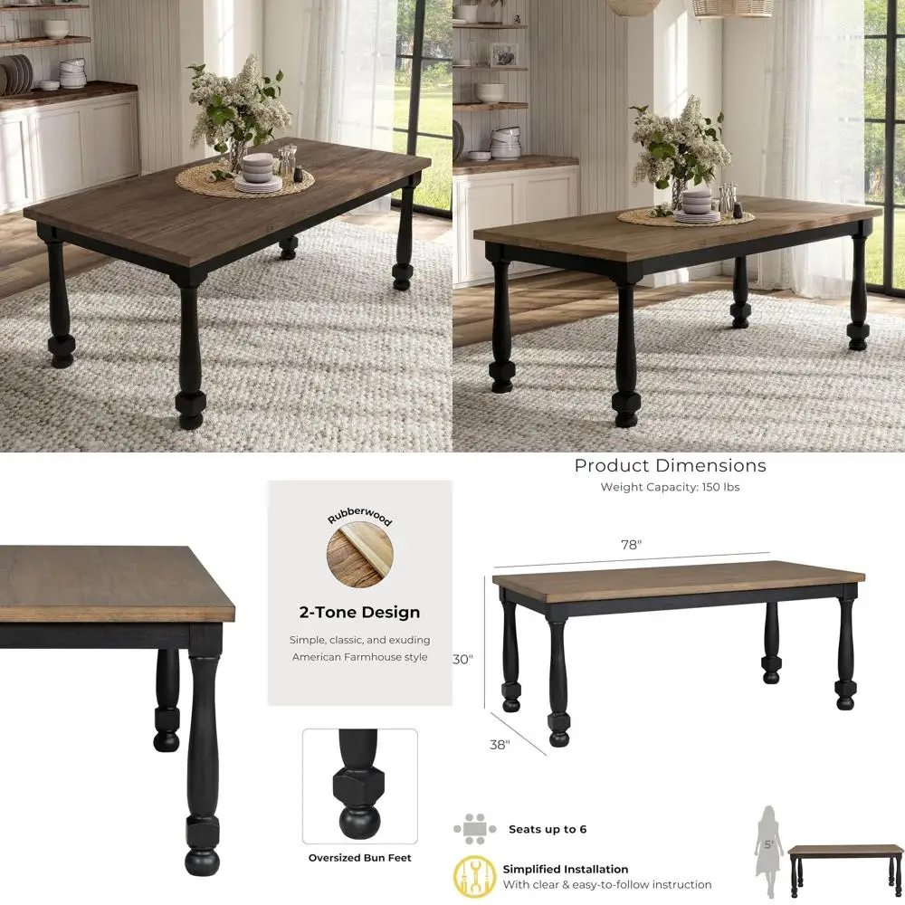 

Двухцветный обеденный стол из массива дерева 78, на 6 персон, для кухни или гостиной, черный