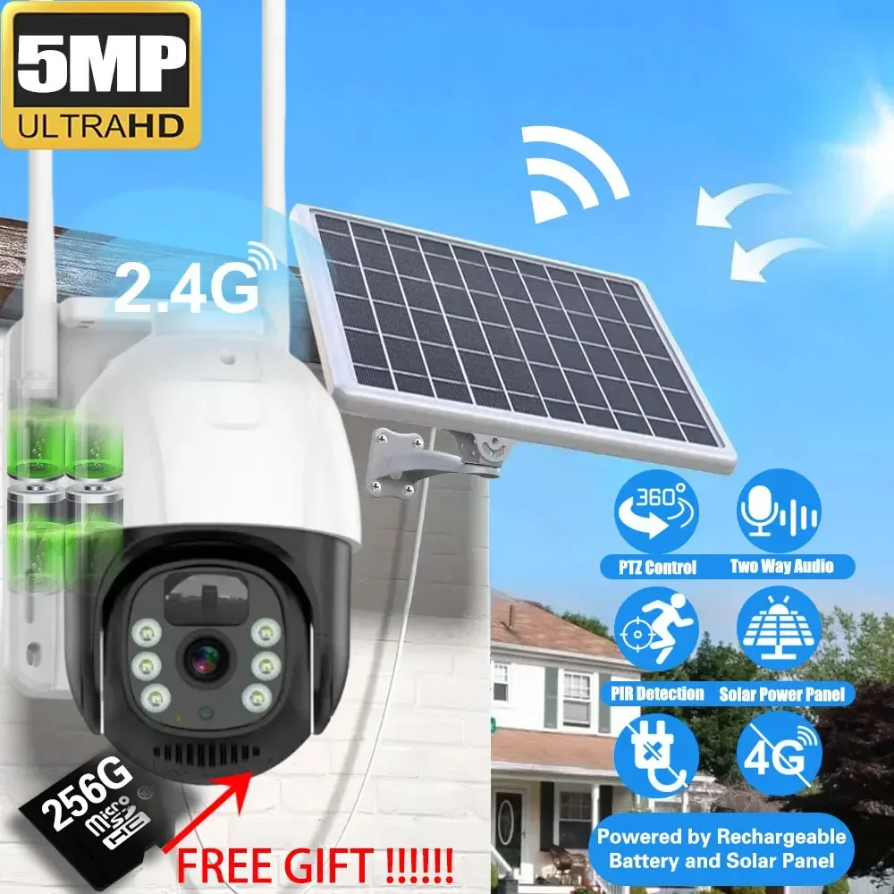 Support 256G Built-in Battery WiFi PTZ Camera 5MP Outdoor Wireless Solar Video Surveillance Camera Long Time Standby EseeCloud