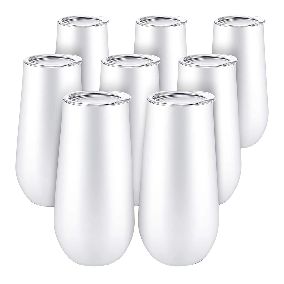 8Packs Stemless Champagne Flutes Wine Tumbler 6 OZ Double-Insulated Wine Tumbler with Lids Cocktail Cups White