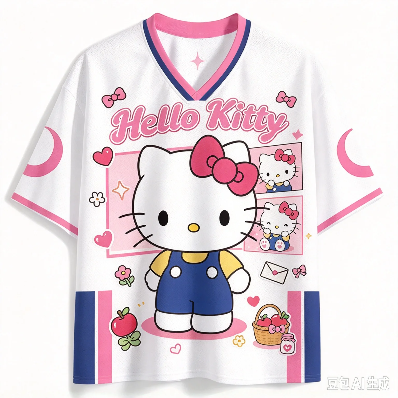 2026 New Hello Kitty 3D Print Football Jersey White Apple Basket Comic Frame Unisex Summer Kawaii Y2K Streetwear Breathable Tops