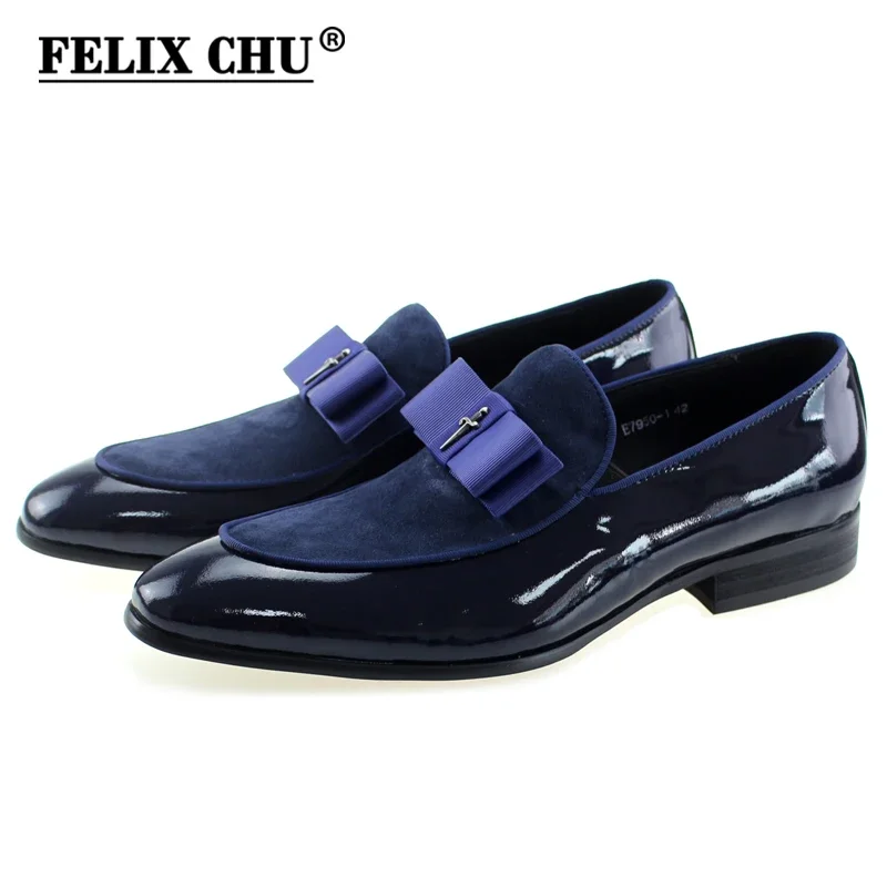 Handmade Men\'s Genuine Leather Patent Suede Loafers Patchwork Bow Tie Dress Shoes for Wedding Banquet Formal Occasions