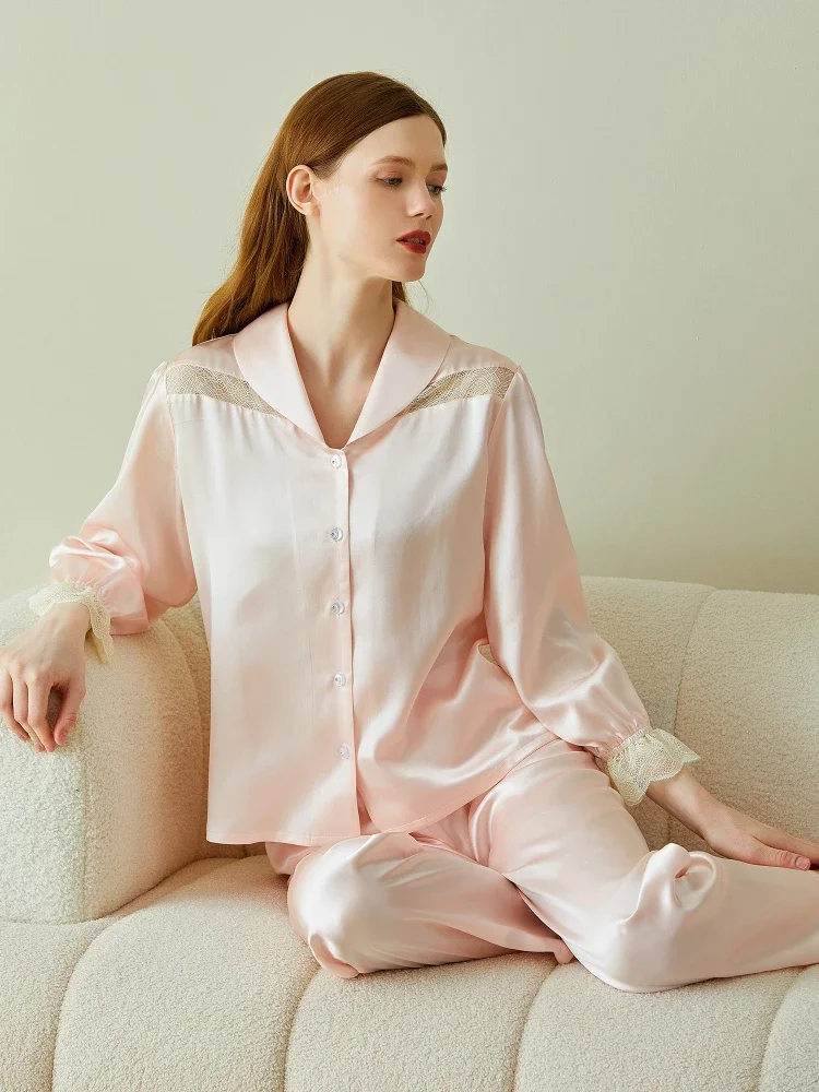 

100% Mulberry Silk Long Pajama 2 Piece Suit Pyjama Sweet Princess Nightwear Spring and Fall Pajamas Set Long-Sleeved Sleepwear