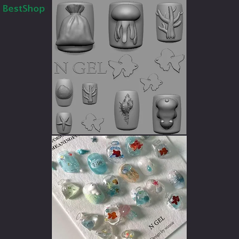 

〔 ★ ★ ★ Сыликоновая форма для ногтей Moy3D, летняя морская ракушка, морская звезда, золотая рыбка, медуза, рыба, форма для дизайна ногтей