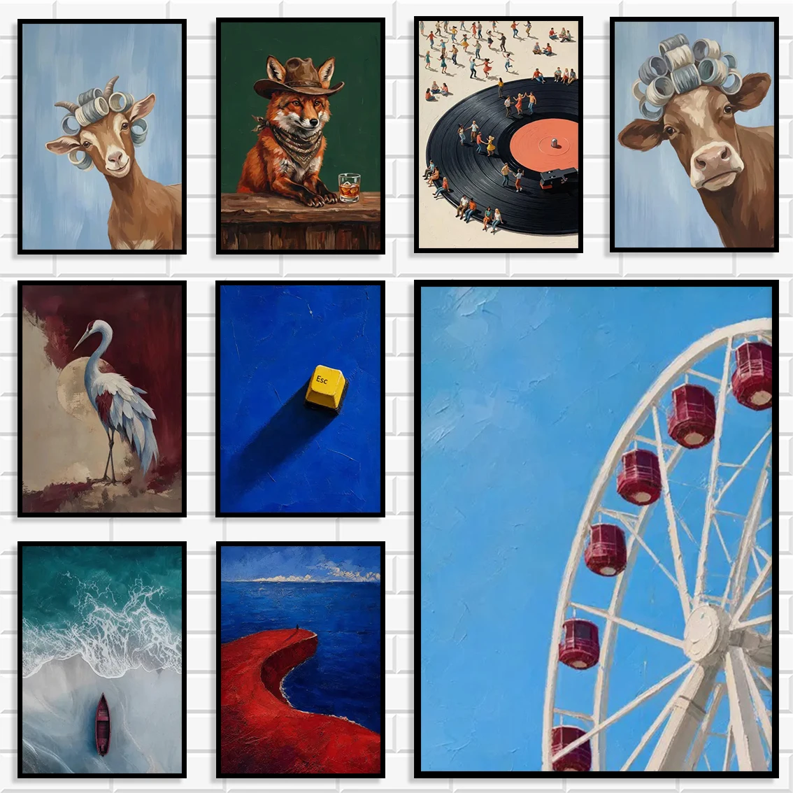 Funny Animal & Scenery Canvas Wall Art Fox Cow Goat Crane Ferris Wheel Ocean Record Poster Modern Aesthetic Home Decor Prints