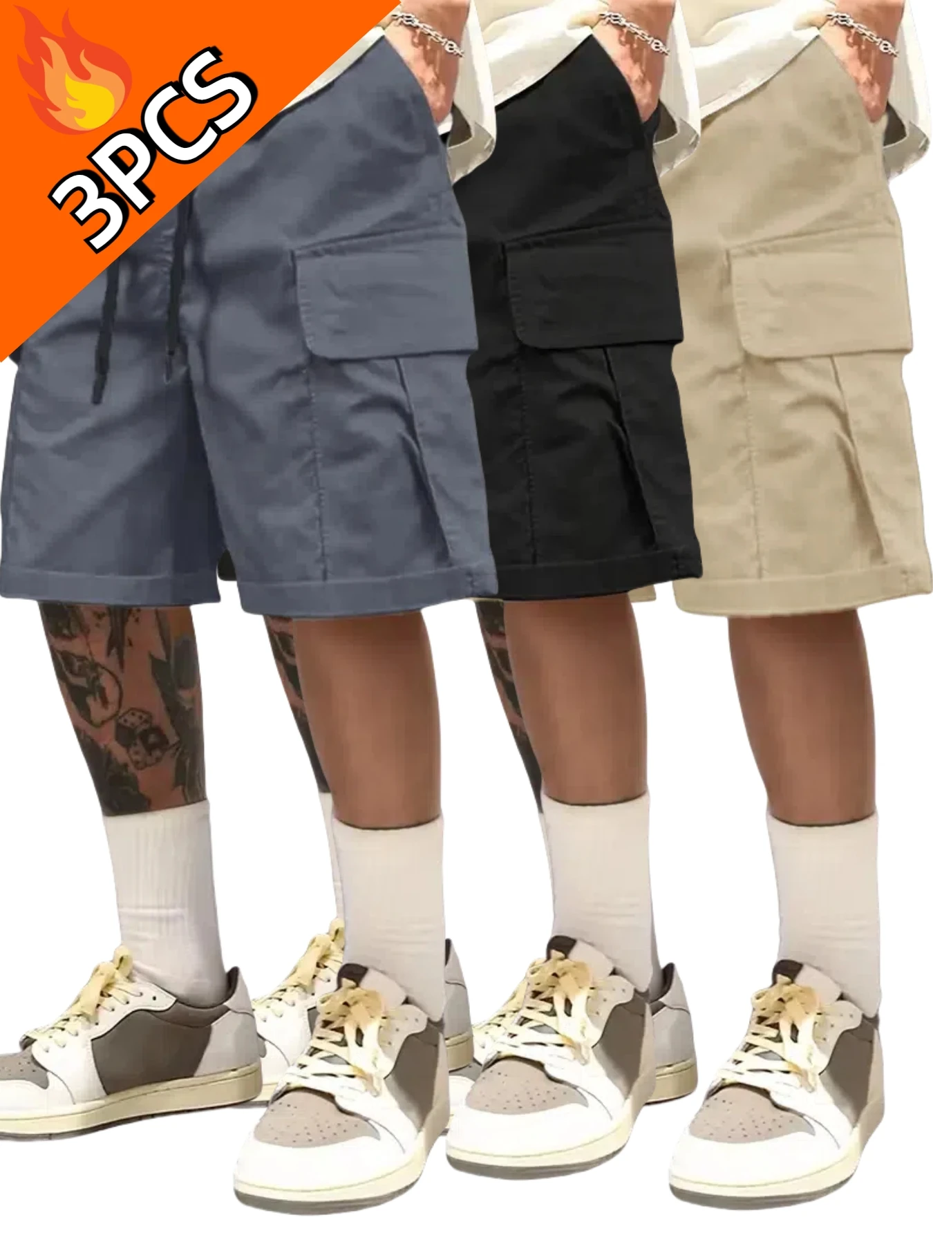3Pcs Summer Three-Piece Set of Men's Cargo Shorts, Casual, Fashionable and Versatile, Multi-Flap Pocket Pants Design, Simple Wear, Elastic Elastic Waist, Suitable for Leisure Sports