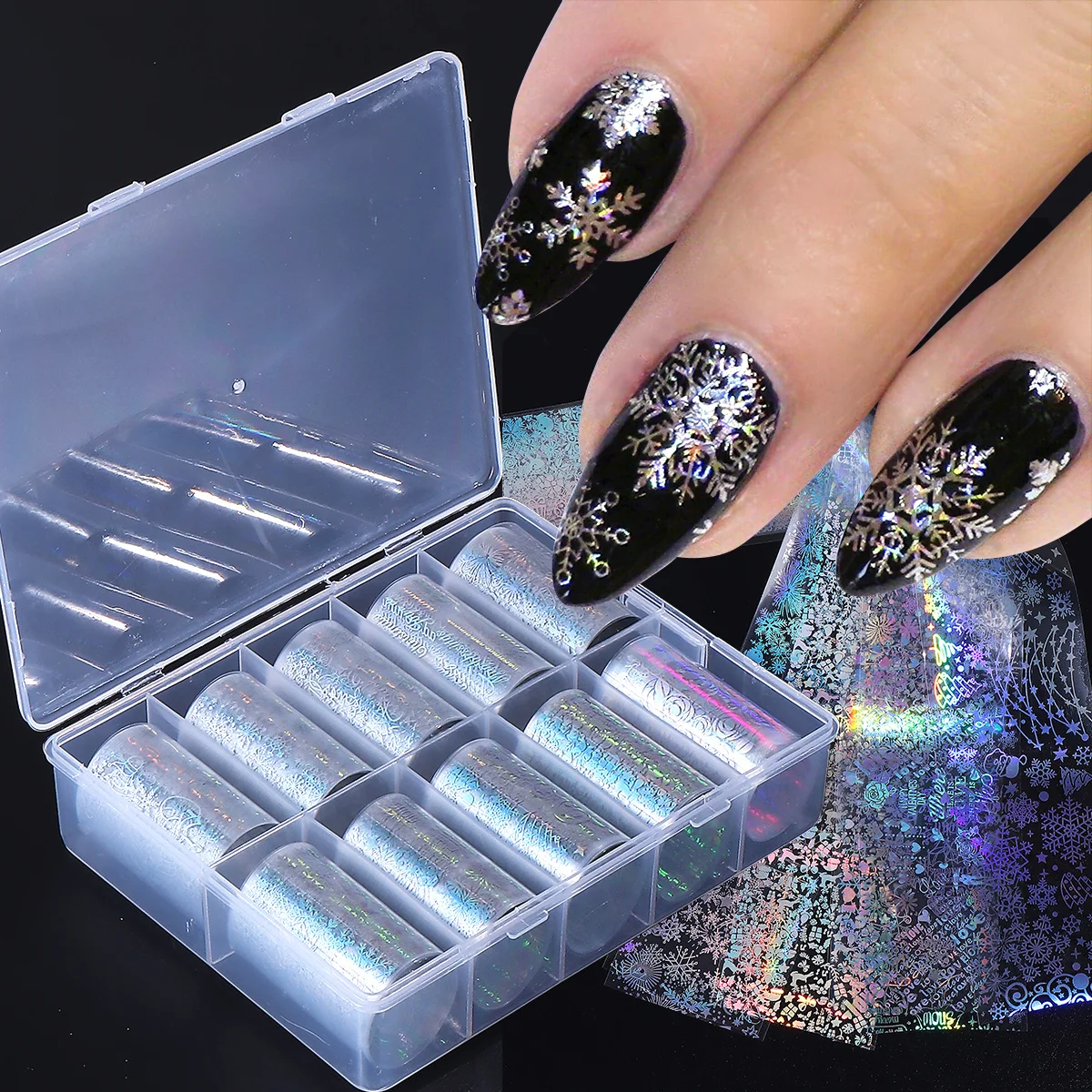 

10pcs Holographic Silver Snowflake Nail Transfer Foils Laser Winter Xmas Tree Fireworks Christmas Decal New Year Manicure Slider