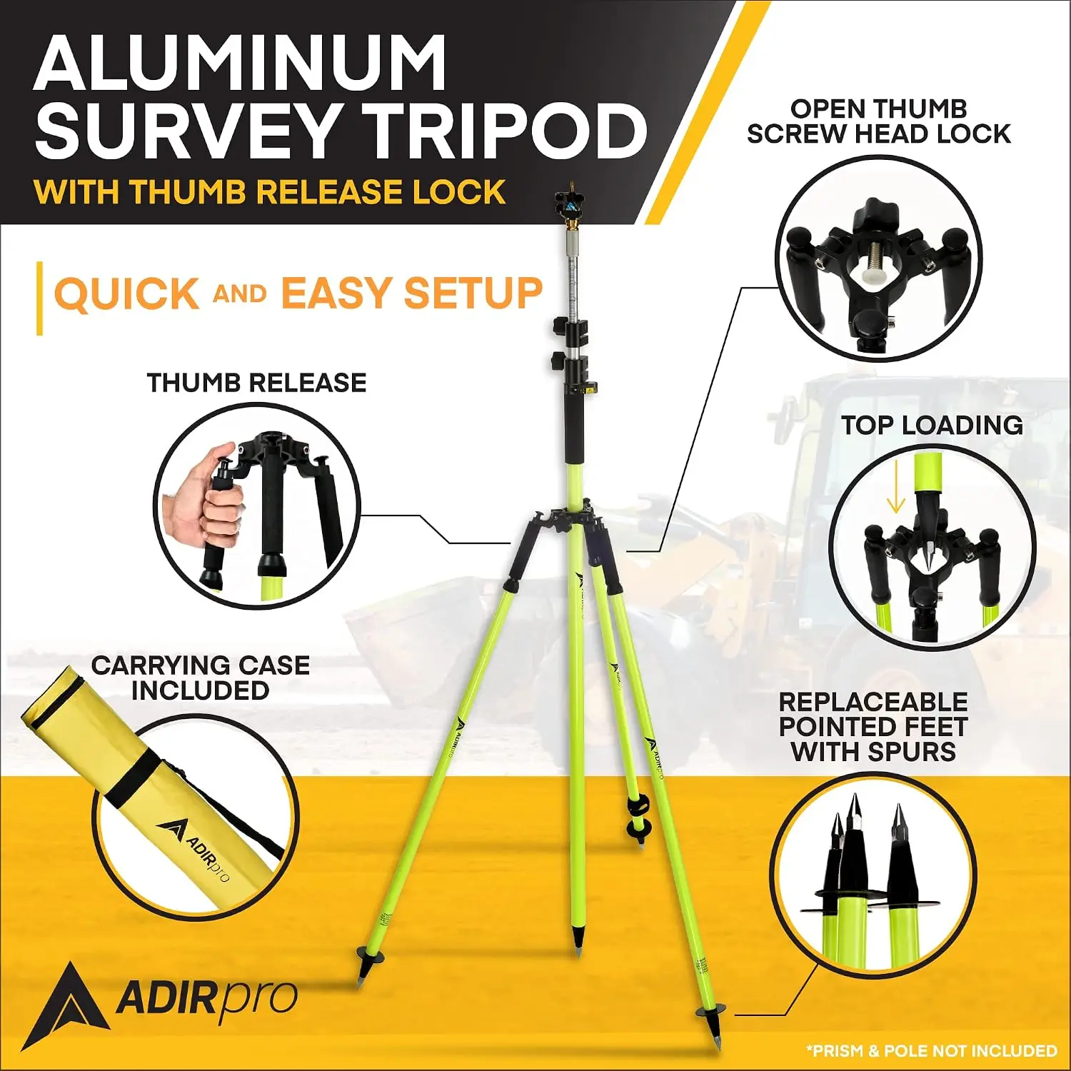 Aluminum Prism Pole Tripod | Adjustable Range Pole Tripod with Quick-Release Clamp | for Survey Pole, Rover Rod, GPS & GNSS RTK