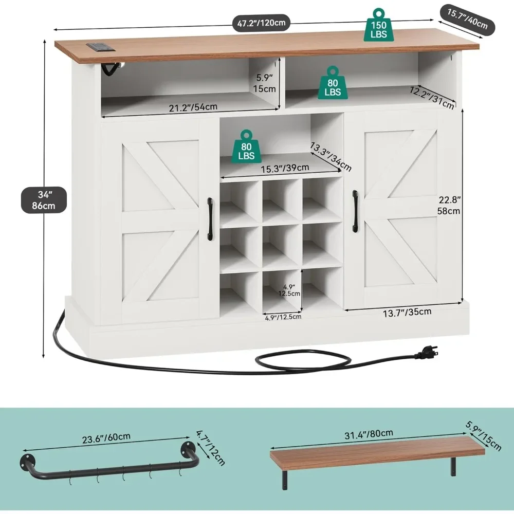 Aparador de granja, mueble tipo buffet, barra de vino de 47" con estante flotante, varilla colgante y tomas de corriente