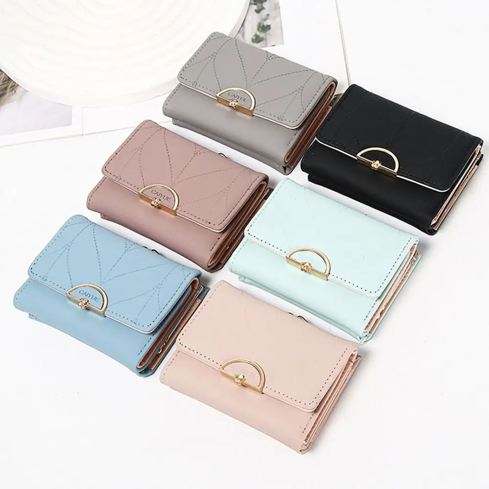 Classic Multi-card Slot Women Short Wallets Hardware Buckle PU Leather Folding Wallet Solid Color Waterproof Coin Purse Women