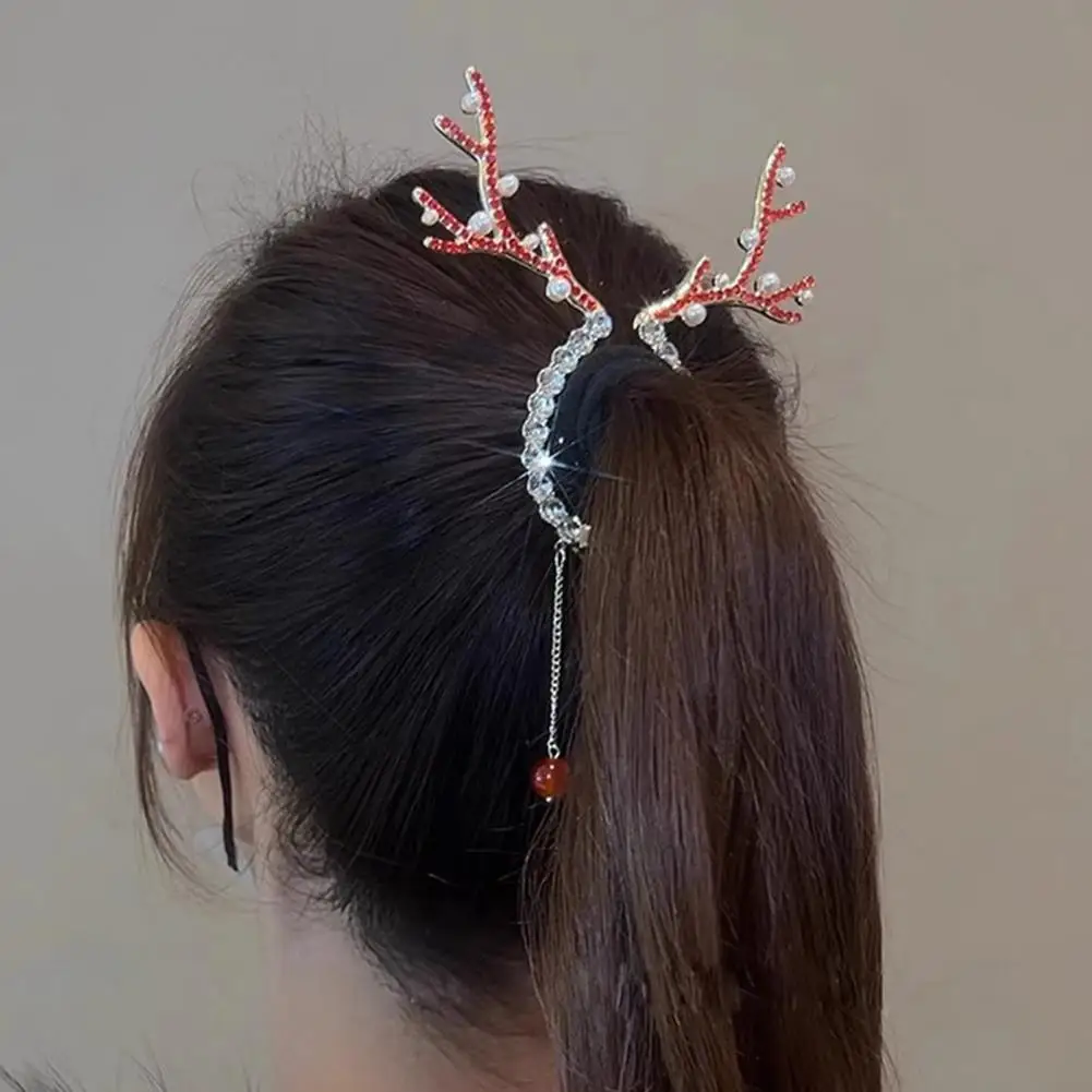 Rhinestone Hair Clip Holiday Hairpin Festive Christmas Reindeer Hair Accessories Set with Rhinestones Pearls for Holiday