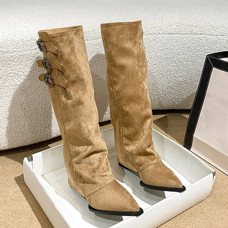 

French Two-Wear Western Boots Women Pointed Toe High Heel Vintage Wind Pants Boots Belt Buckle Versatile Knight Boots