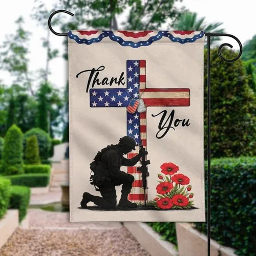 Kneeling Soldier Garden Flag Thank You Veteran Poppies Patriotic Yard Decor RRI