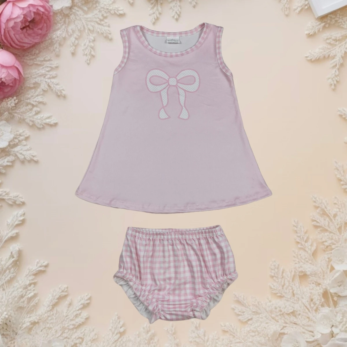 

Baby Girl Summer Outfit Pink Bows Print Bummies Set with Ruffle Toddler Clothes Sleeveless Knee Length Dress Cute Infant Outfit