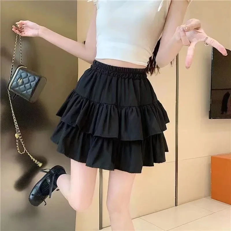 Ruffle Skirt Women Sweet Solid Pleated A-Line Pretty Style High Waist Summer Dress Slim Basic School Tierred Lady Skirt