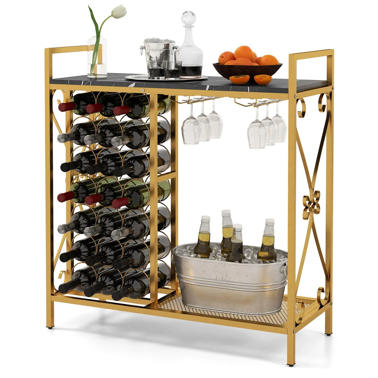 

Gold-Tone Freestanding Wine Bar Cabinet With 21-Bottle Rack, 6-Glass Holder, Marble Top, And Ice Bucket Shelf For Home Dining