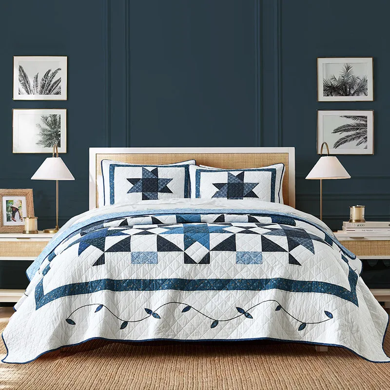 Patchwork Geometric Quilt Set 3PCS, Vintage Americana Cotton Bedspread, Oversized Decorative Coverlet for Couch/Bed
