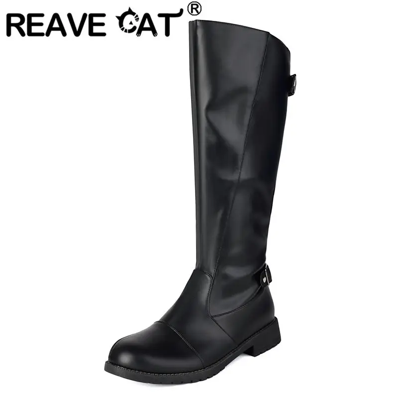 

REAVE CAT 2025 Casual Men's Knee High Boots Round Toe Thick Heels 3cm Zipper Belt Buckles Big Size 47 48 49 Fashion Daily Bota