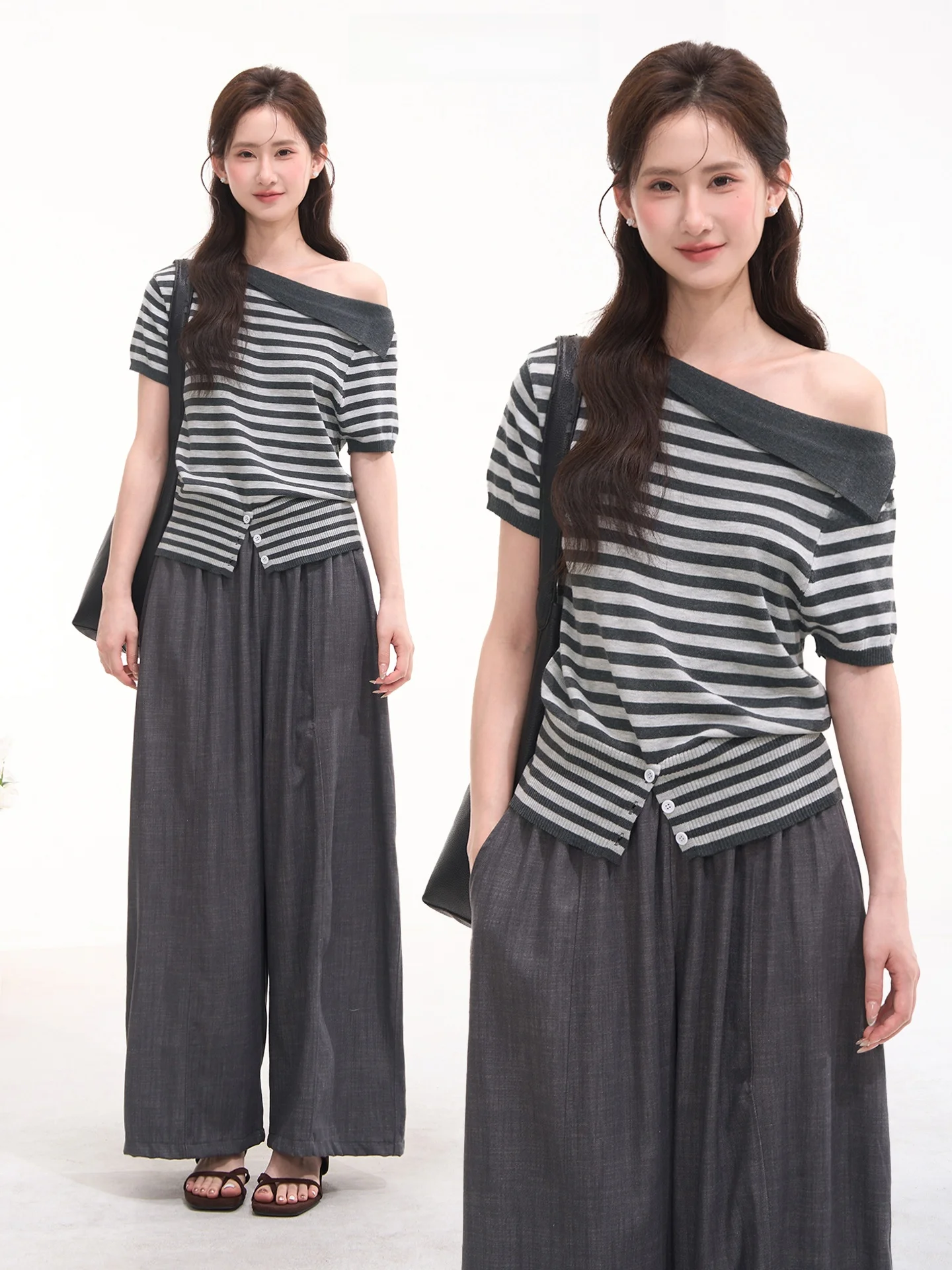 

Heme 10 Woolen Knitted Top Striped Shoulder Short Sleeve Women's Summer Fashion Simple Style Window Display Floral Field