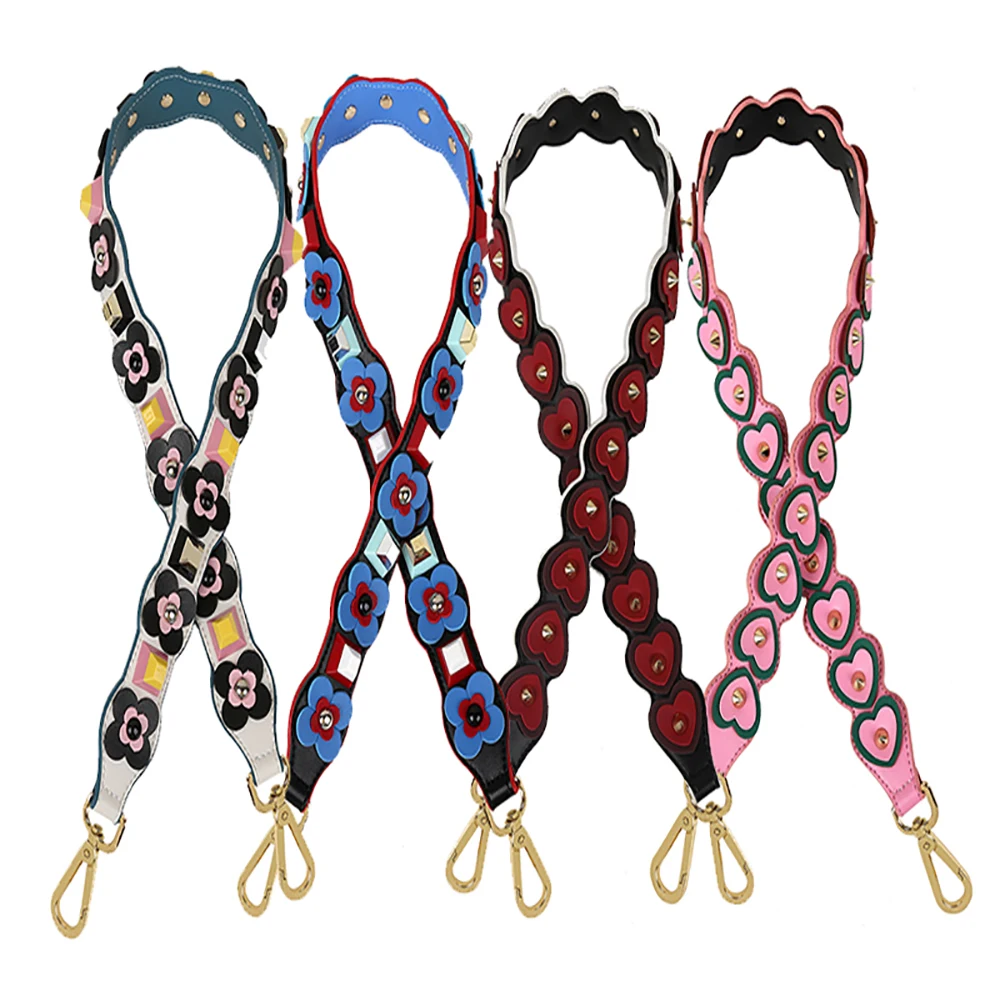 Customized Wide Leather Bag Straps Lady Handbag Shoulder Bags Strap Crossbody Purse Handles Rivet Belt Colorful Flower 90cm