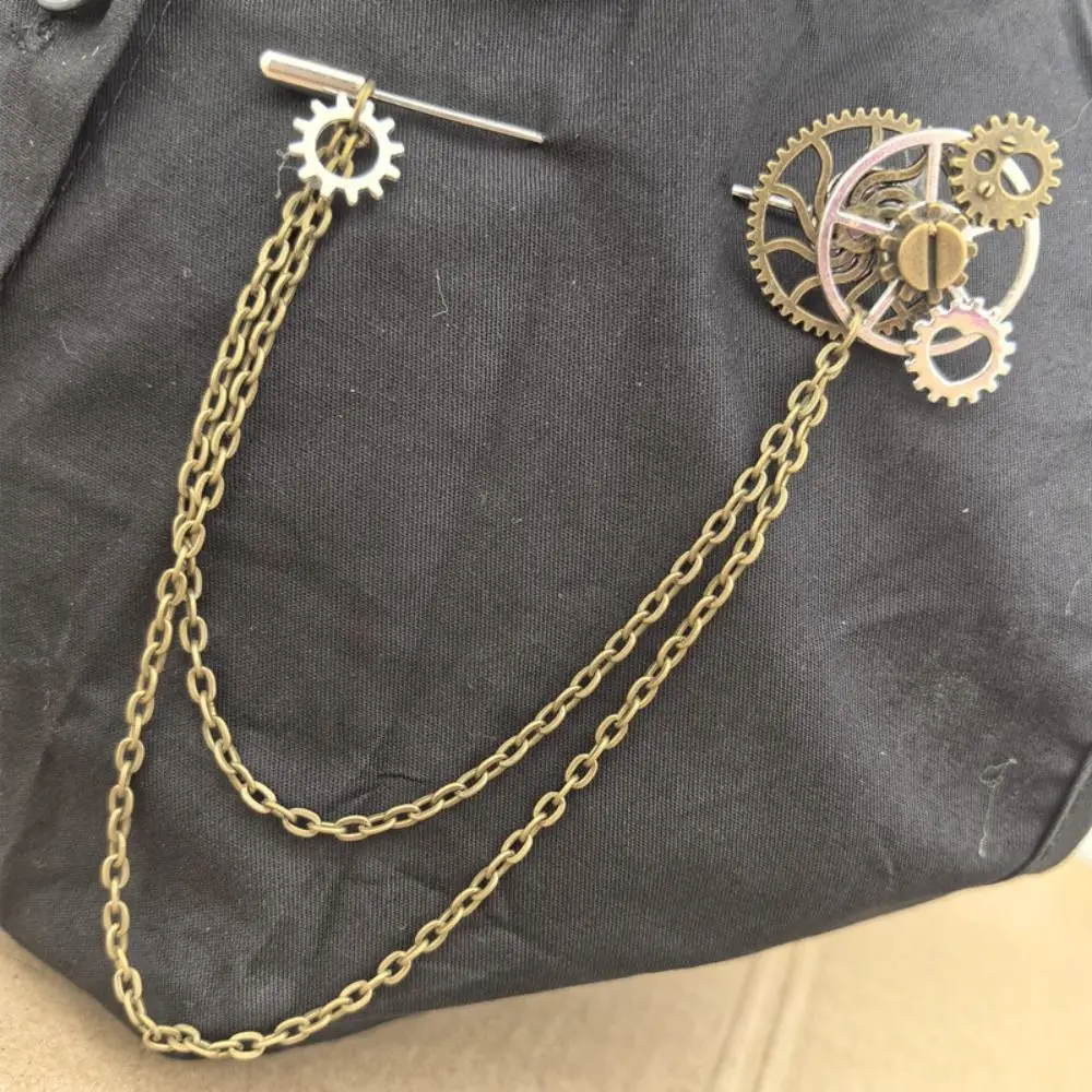 Badges Metal Chain Steampunk Gear Lapel Pin Retro Style Gothic Vintage Brooches Antique Jewelry Collar Pin Halloween Costume