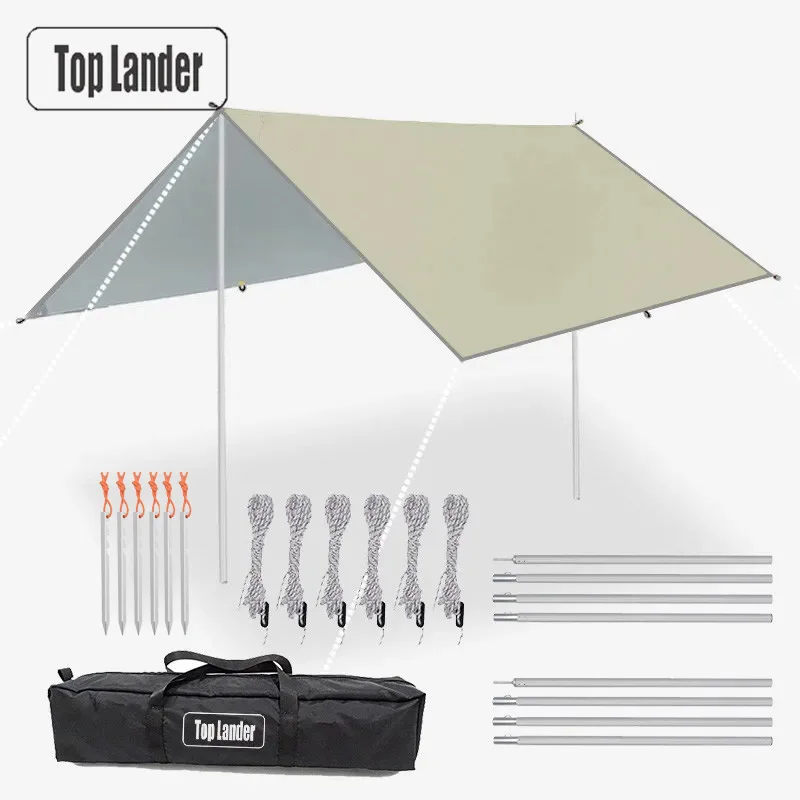 5x3m 4x3m Tarp With Support Pole Rope Peg Waterproof Awning Tent Shade Garden Sunshade Outdoor Camping Sun Shelter Beach Hammock