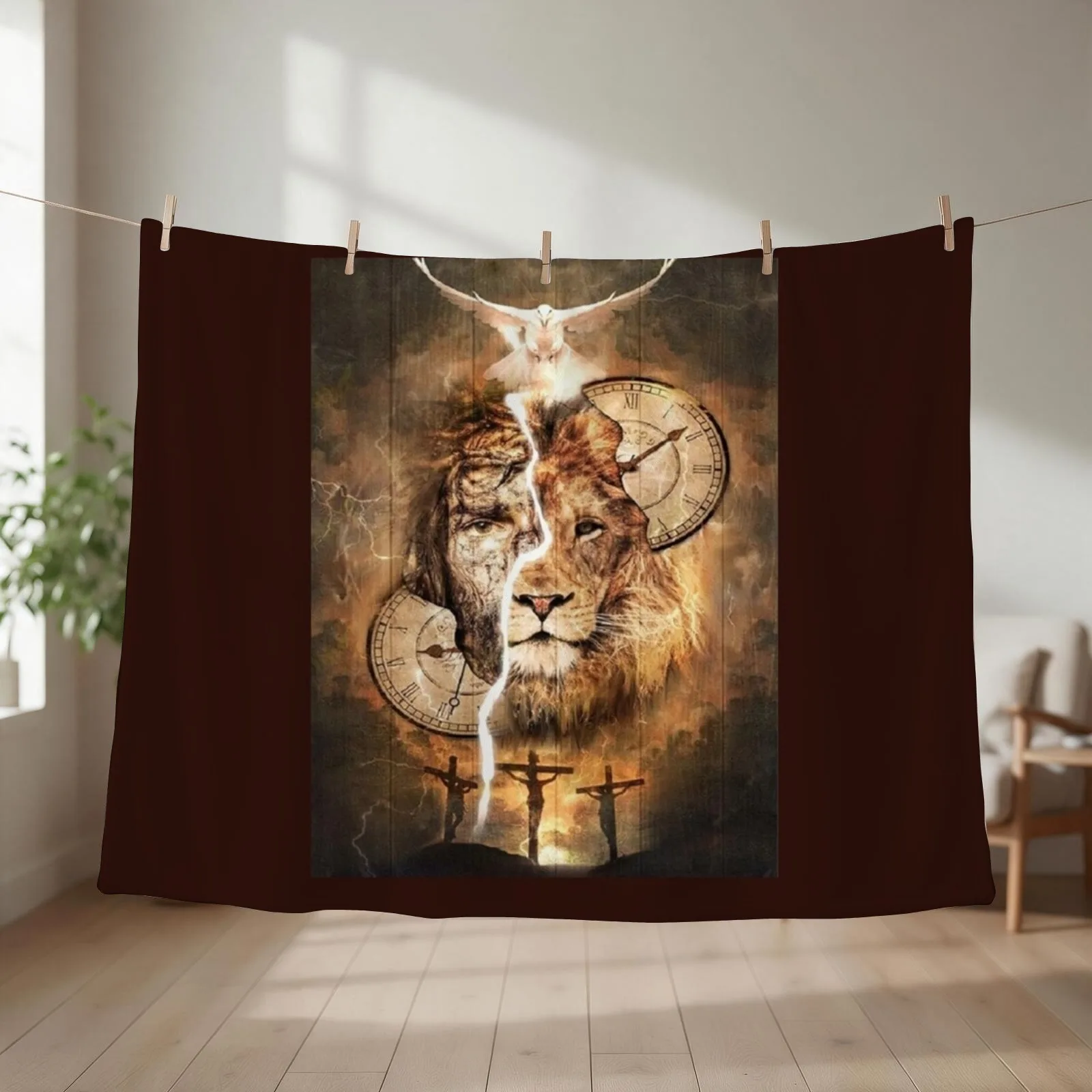 Jesus and the Lion 3 Crosses White Dove Throw Blanket couch cozy soft plush fuzzy picnic outdoor blanket