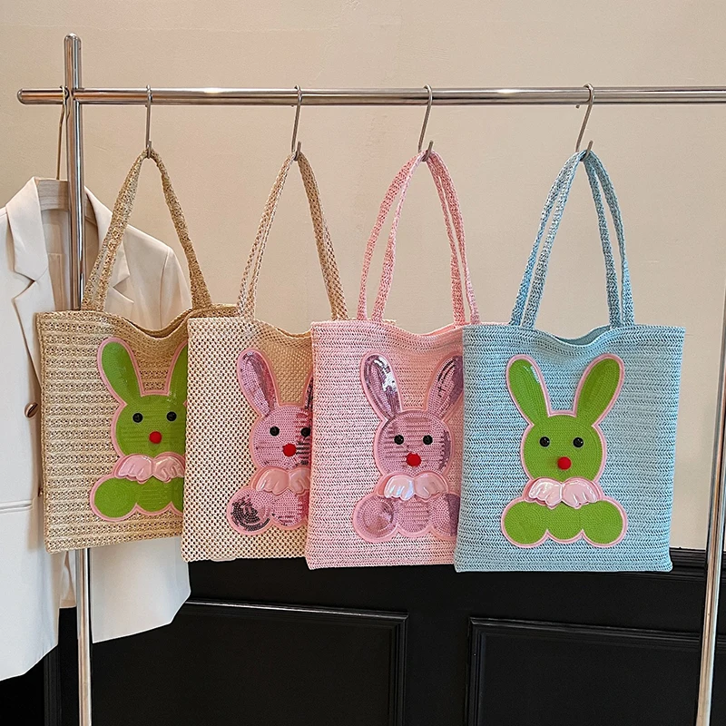 Sacs en paille faits à la main pour femmes, sacs initiés inclinés simples, défilement exquis, sac à provisions animal, sacs à main princesse mignons, été