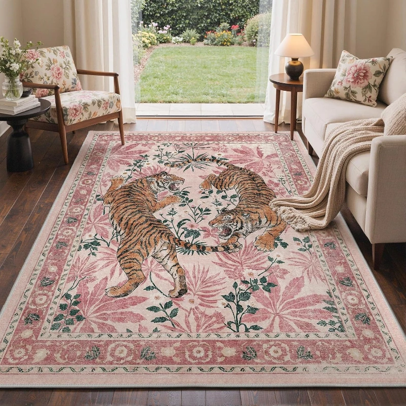 Carpet for Living Room Non-slip Machine Washable Floor Mat Vintage Bohemian Pink Tiger Pattern Rug Large Area Home Decor Carpets